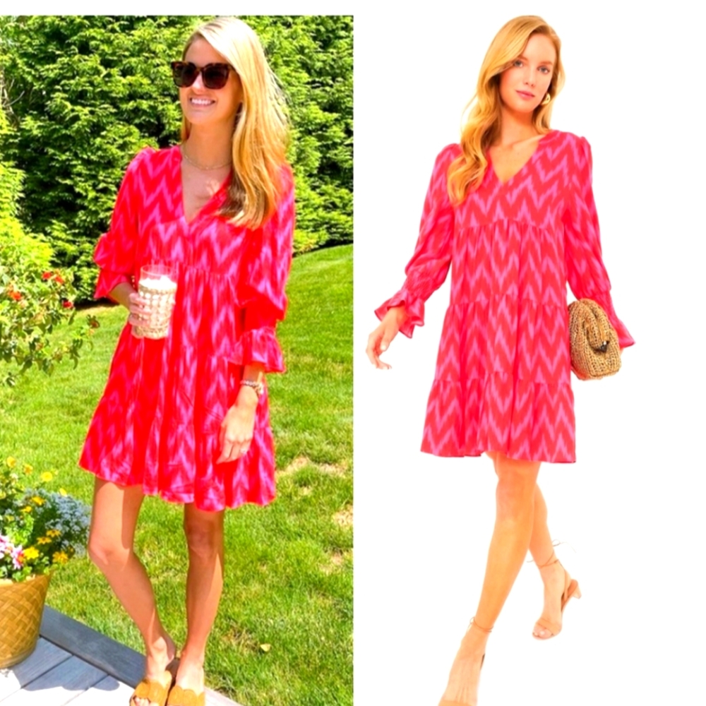 Tuckernuck Pomander Place Ikat Dress Hot Pink Tiered Shift Size XS V-Neck Boho